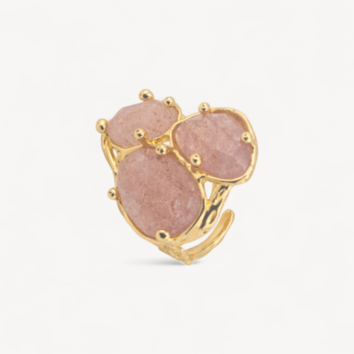 Anello Di Bronzo Collezione AURORA Con 3 Pietre Naturali 27x34mm Disegno Floreale Misura Regolabile Dorato Quarzo Fragola