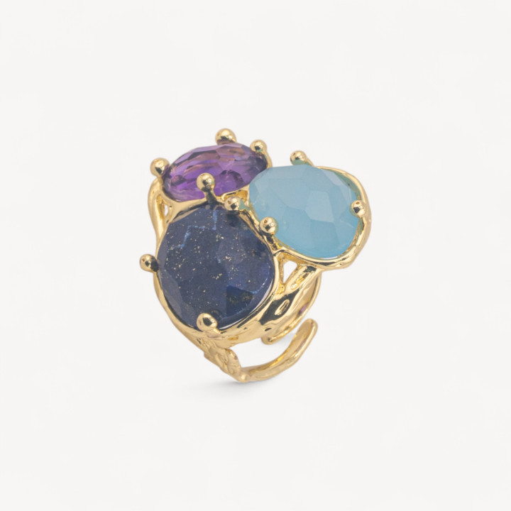 Anello Di Bronzo Collezione AURORA Con 3 Pietre Naturali 27x34mm Disegno Floreale Misura Regolabile Dorato Misto