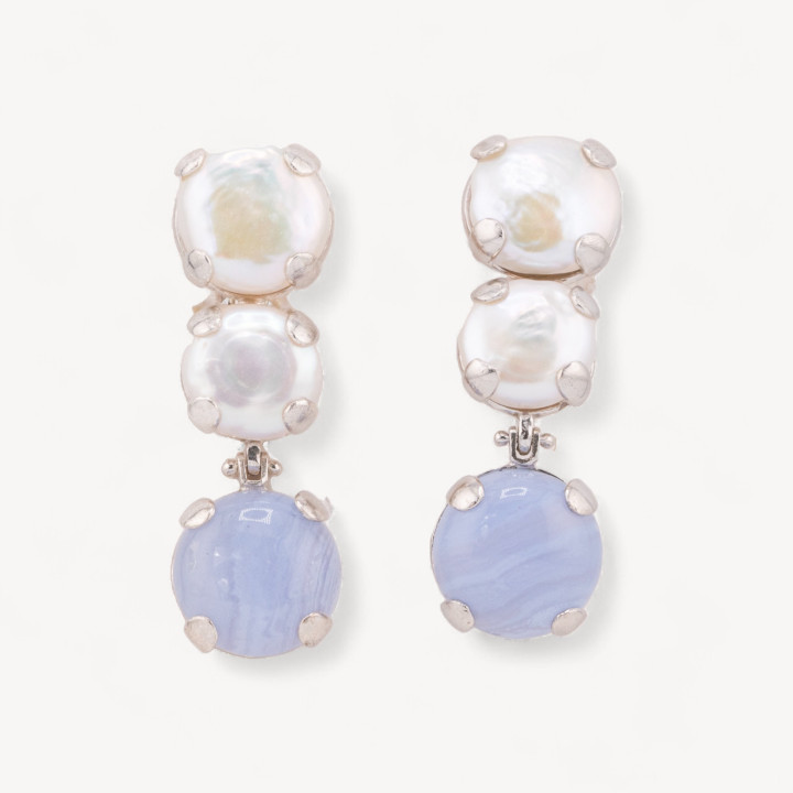 Boucles d'oreilles en argent 925 fabriquées en ITALIE avec ensemble de perles de rivière et de pierres de calcédoine