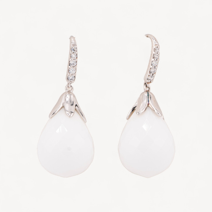 Orecchini A Monachella Di Argento 925 Con Zirconi E Goccia Di Agata Bianca 16x40mm