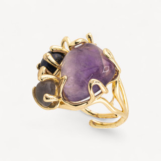 Anello Di Bronzo Collezione AURORA Con 4 Pietre Naturali 26x31mm Misura Regolabile Dorato con Ametista, Onice e Labradorite