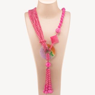 Collana Di Pietre Dure A 6 File Con Centrale Di Giada Burma E Chiusura Di Ottone 64cm + 18cm