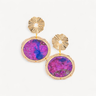 Orecchini A Perno in Bronzo Con Pietre Dure Piastra Incastonata Diaspro Imperiale Fucsia Dorato