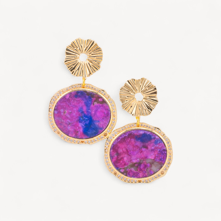 Orecchini A Perno in Bronzo Con Pietre Dure Piastra Incastonata Diaspro Imperiale Fucsia Dorato