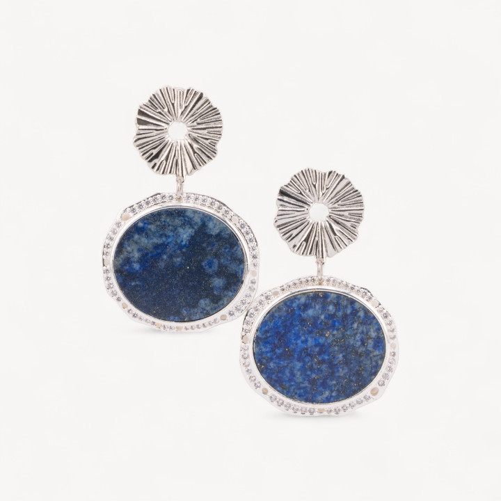 Orecchini A Perno in Bronzo Con Pietre Dure Piastra Incastonata Lapislazzuli Rodiato