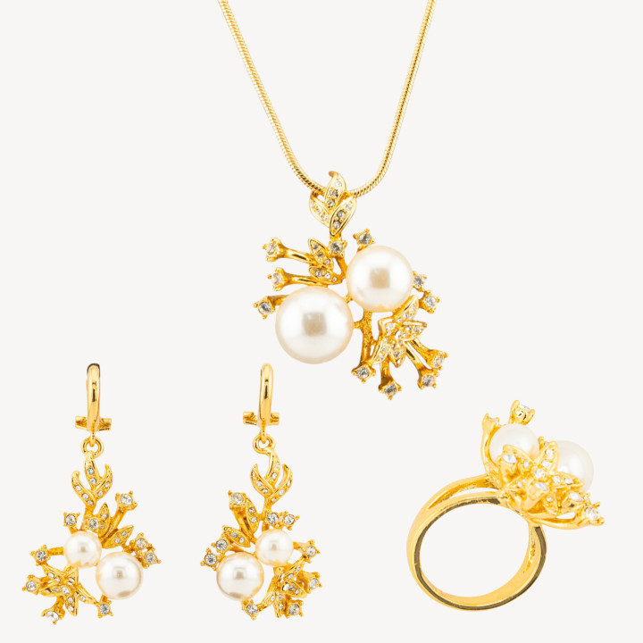 Parure Di Ottone Dorato Con Zirconi E Perle Di Maiorca