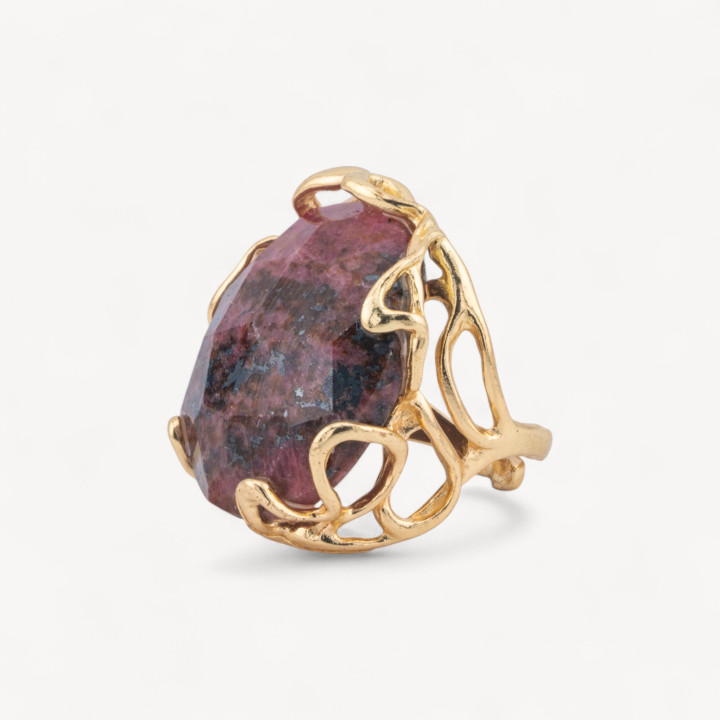 Bague Bronze Avec Pierre Naturelle Irrégulière 28x32mm Taille Ajustable Rhodonite Brute Dorée