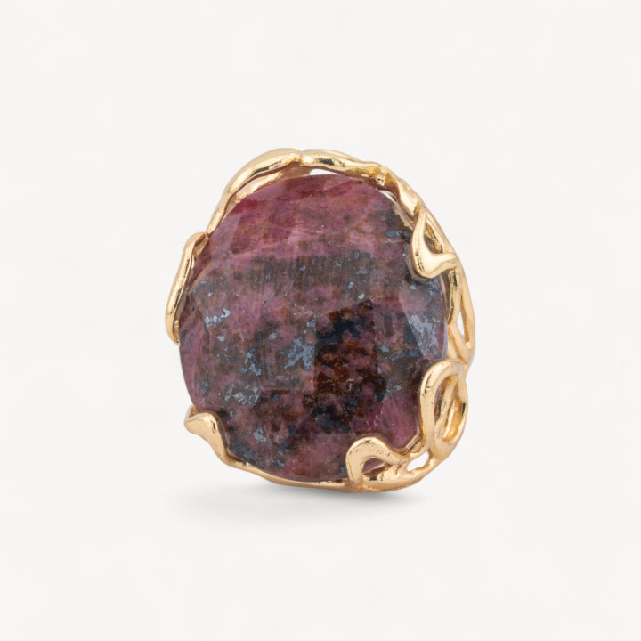 Bague Bronze Avec Pierre Naturelle Irrégulière 28x32mm Taille Ajustable Rhodonite Brute Dorée