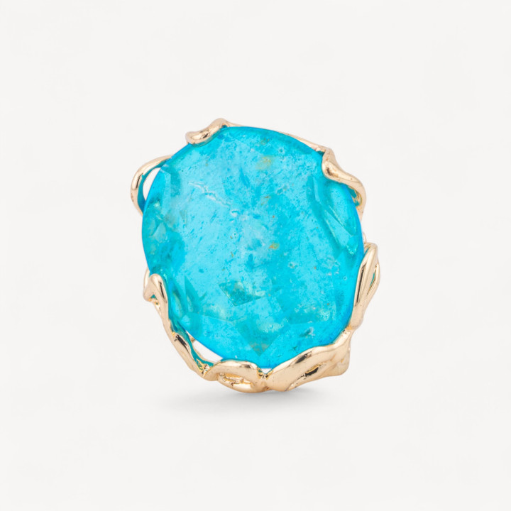 Bronze Ring With Irregular Natural Stone 28x32mm Adjustable Size Golden Blue Rock Crystal