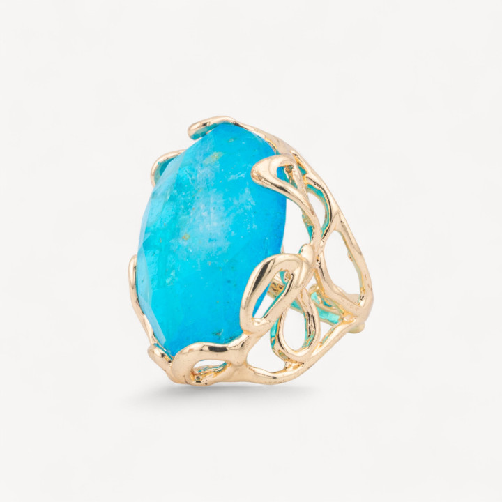 Anillo de Bronce con Piedra Natural Irregular 28x32mm Tamaño Ajustable Cristal de Roca Azul Dorado