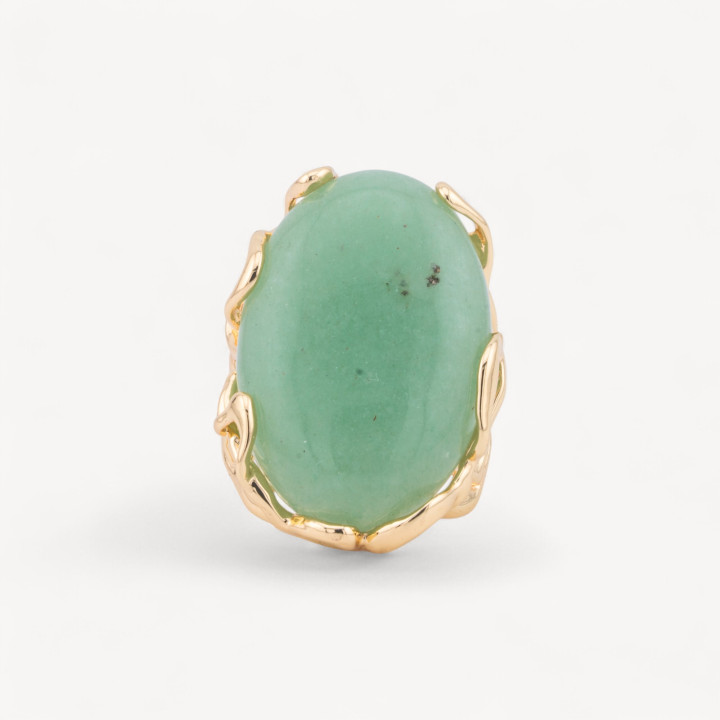 Anillo de Bronce Colección AURORA 28x32mm Con Piedras Semipreciosas Tamaño Ajustable Aventurina Verde Oval Dorada