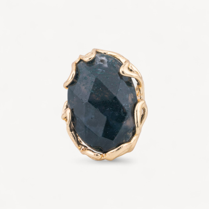 Bague Bronze Collection AURORA 28x32mm Avec Pierres Semi-précieuses Taille Ajustable Obsidienne Ovale Dorée