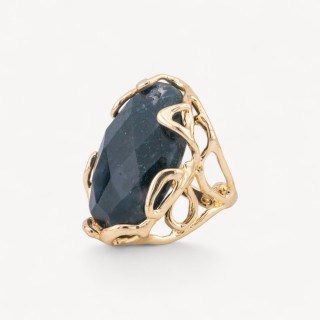 Bronzering AURORA-Kollektion 28 x 32 mm mit Halbedelsteinen, verstellbare Größe, goldener ovaler Obsidian