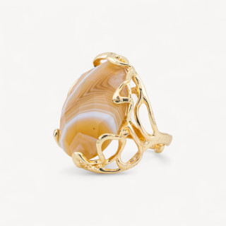 Bronze Ring With Irregular Natural Stone 28x32mm Adjustable Size Golden Striped Yellow Agate