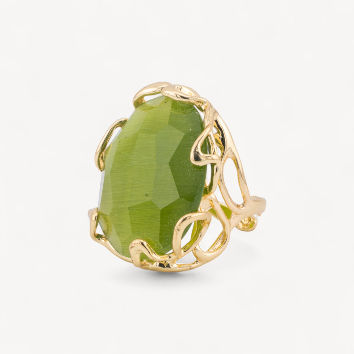 Anillo Bronce Con Ojo De Gato Irregular 28x32mm Tamaño Ajustable Verde Bosque Dorado