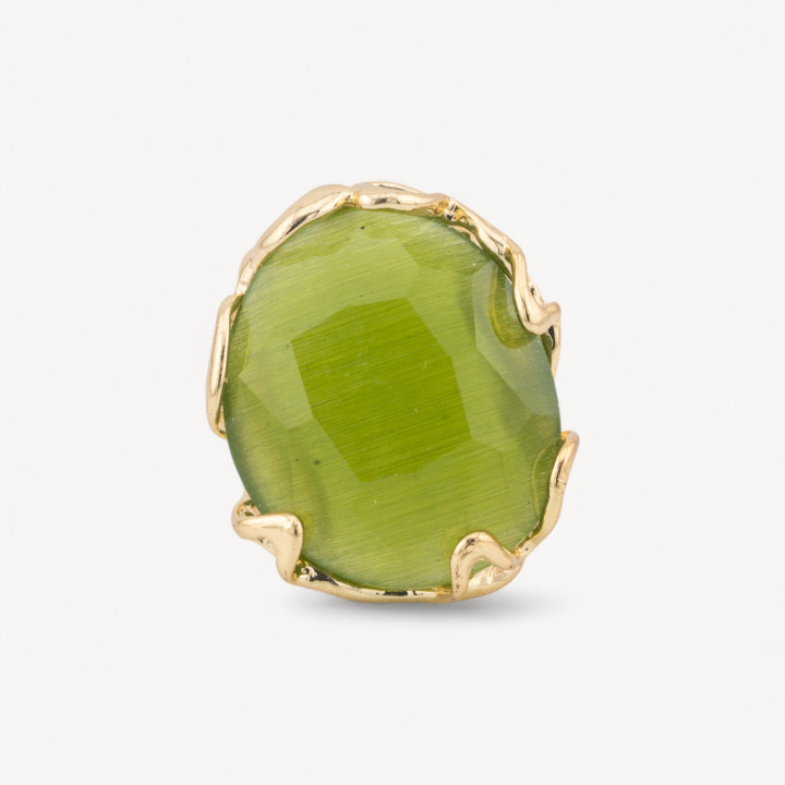 Bague Bronze Oeil de Chat Irrégulier 28x32mm Taille Ajustable Doré Vert Forêt