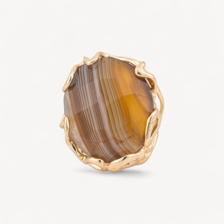 Anello Regolabile in Bronzo Dorato Collezione AURORA-1 con Pietre Dure Agata Marrone Striata | Gioiello Artigianale Donna 28x32