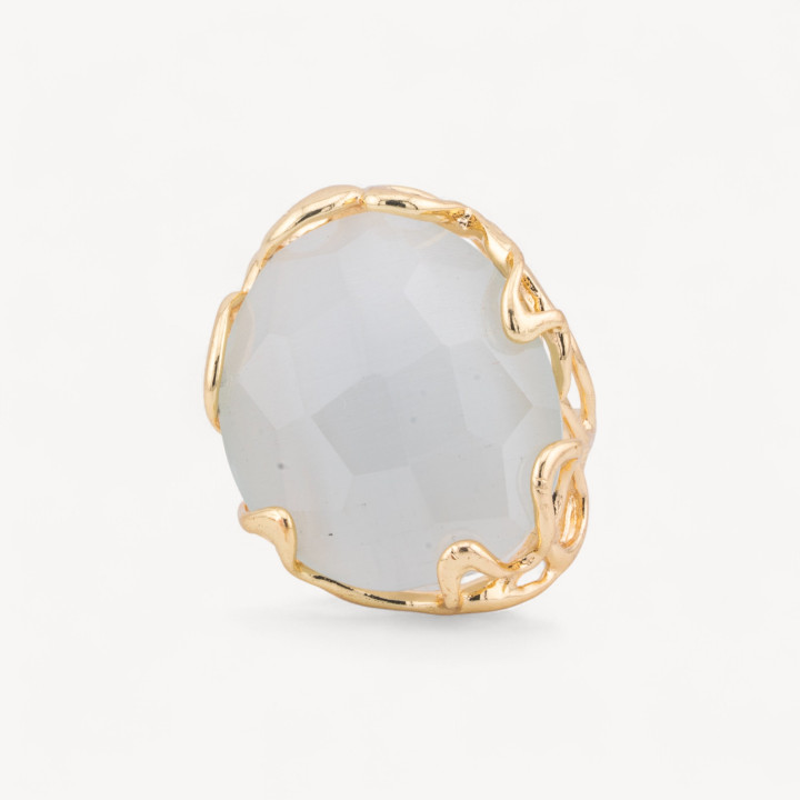 Bague Bronze Oeil de Chat Irrégulier 28x32mm Taille Ajustable Blanc Doré