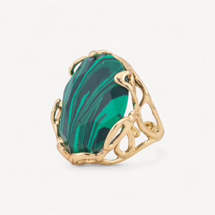 Anello Regolabile in Bronzo Dorato Collezione AURORA-1 con Pietre Dure   Pasta Di Malachite | Gioiello Artigianale Donna 28x32m