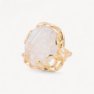 Anello Regolabile in Bronzo Dorato Collezione AURORA-1 con Pietre Dure   Tondo Cristallo Di Rocca | Gioiello Artigianale Donna 