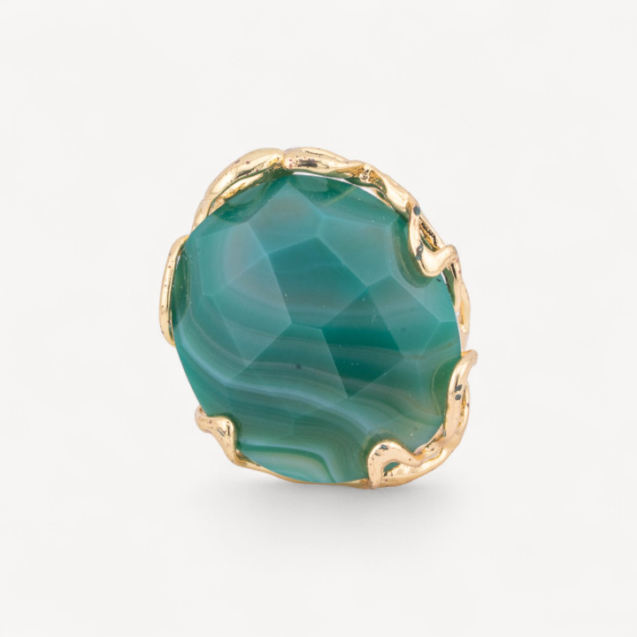 Anello Regolabile in Bronzo Dorato Collezione AURORA-1 con Pietre Dure   Agata Verde Striata Intenso | Gioiello Artigianale Don