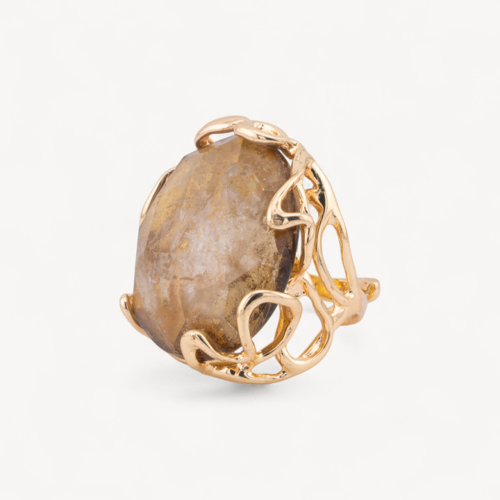 Anillo de Bronce con Piedra Natural Irregular 28x32mm Tamaño Ajustable Cristal de Roca Marrón Dorado