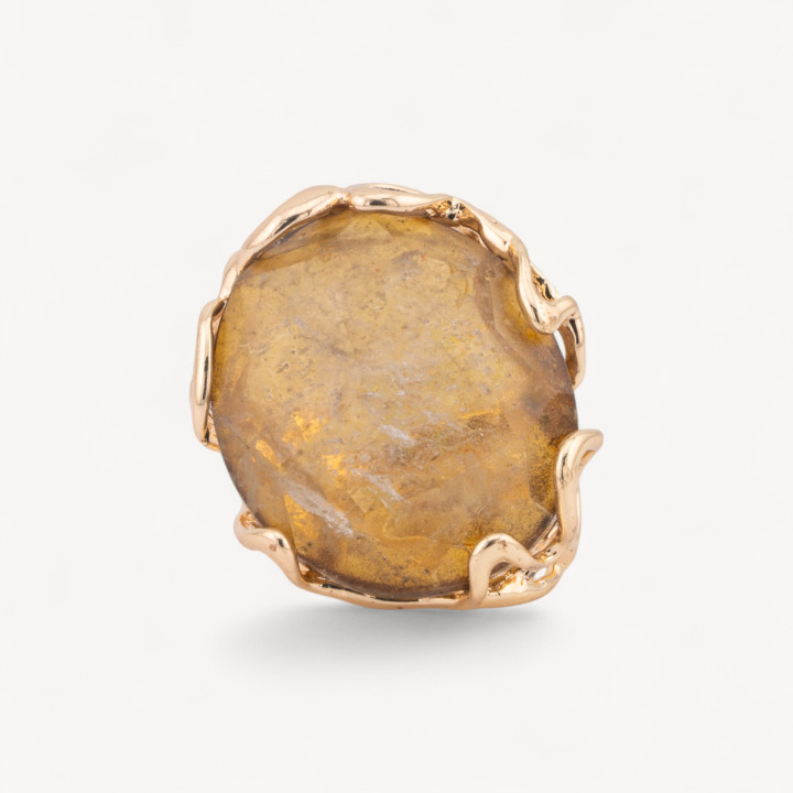 Bronze Ring With Irregular Natural Stone 28x32mm Adjustable Size Golden Brown Rock Crystal