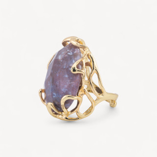 Anello Regolabile in Bronzo Dorato Collezione AURORA-1 con Pietre Dure Agata Indiana Viola | Gioiello Artigianale Donna 28x32mm