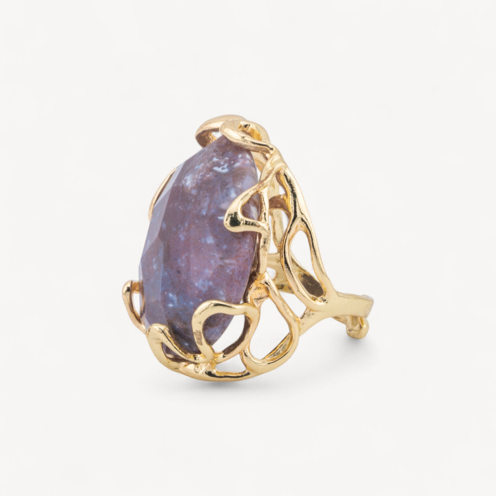 Anillo De Bronce Con Piedra Natural Irregular 28x32mm Tamaño Ajustable Ágata India Morada Dorada