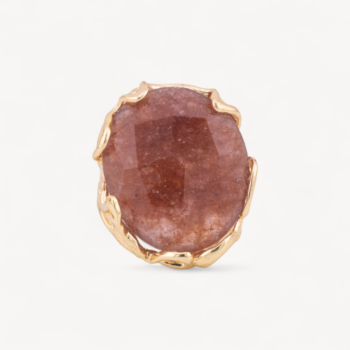 Bague Bronze Avec Pierre Naturelle Irrégulière 28x32mm Taille Ajustable Quartz Fraise Doré