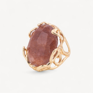 Bague Bronze Avec Pierre Naturelle Irrégulière 28x32mm Taille Ajustable Quartz Fraise Doré
