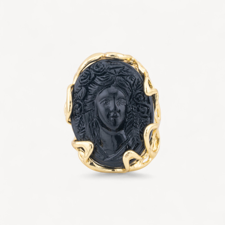 Χάλκινο δαχτυλίδι AURORA Collection 28x32mm με ρητίνη Cameo Ρυθμιζόμενο Μέγεθος Χρυσό Μαύρο