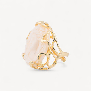 Anello Regolabile in Bronzo Dorato Collezione AURORA-1 con Cammeo Di Resina Panna | Gioiello Artigianale Donna 28x32mm