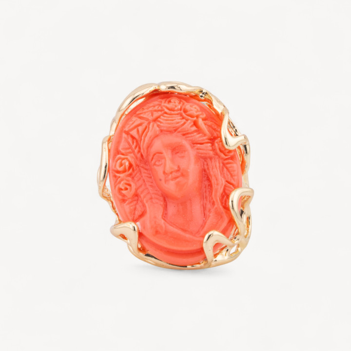 Bronze Ring AURORA Collection 28x32mm With Resin Cameo Adjustable Size Orange Gold