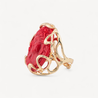 Anello Regolabile in Bronzo Dorato Collezione AURORA-1 con Cammeo Di Resina Rosso | Gioiello Artigianale Donna 28x32mm