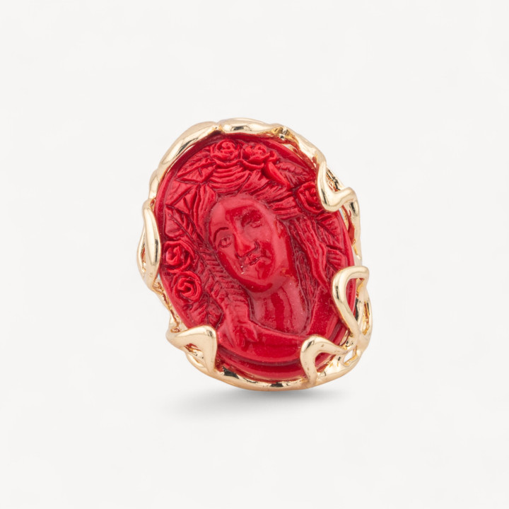 Bronze Ring AURORA Collection 28x32mm With Resin Cameo Adjustable Size Red Gold