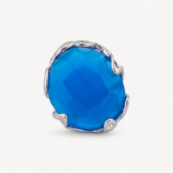 Bronze Ring With Irregular Cat's Eye 28x32mm Adjustable Size Rhodium Plated Light Blue