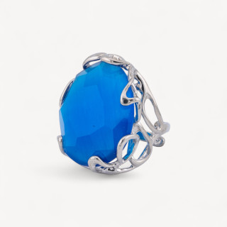 Bronze Ring With Irregular Cat's Eye 28x32mm Adjustable Size Rhodium Plated Light Blue