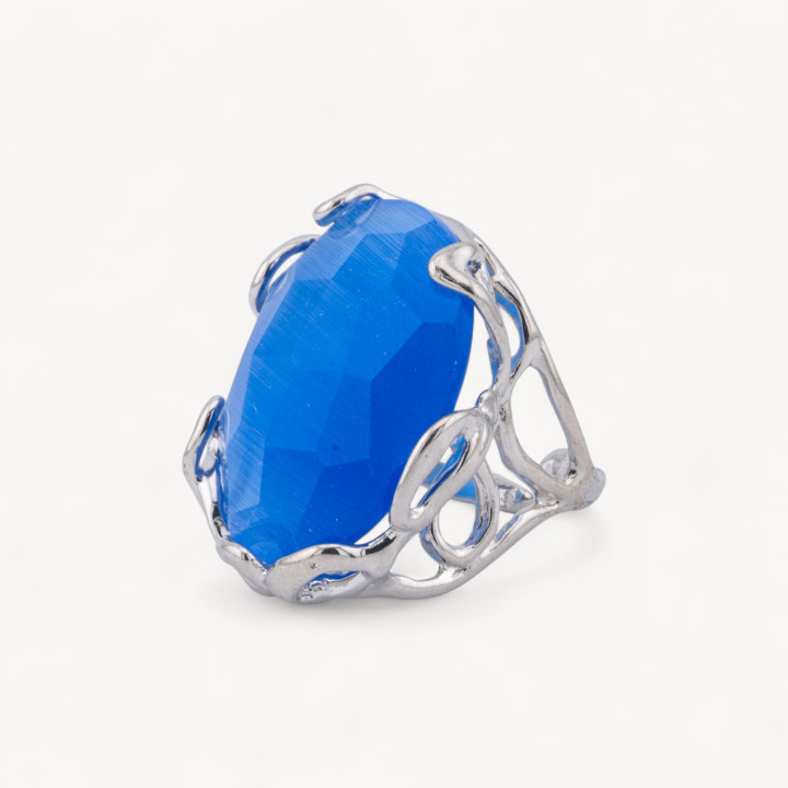Bague Bronze Oeil de Chat Irrégulier 28x32mm Taille Ajustable Plaqué Rhodium Bleu