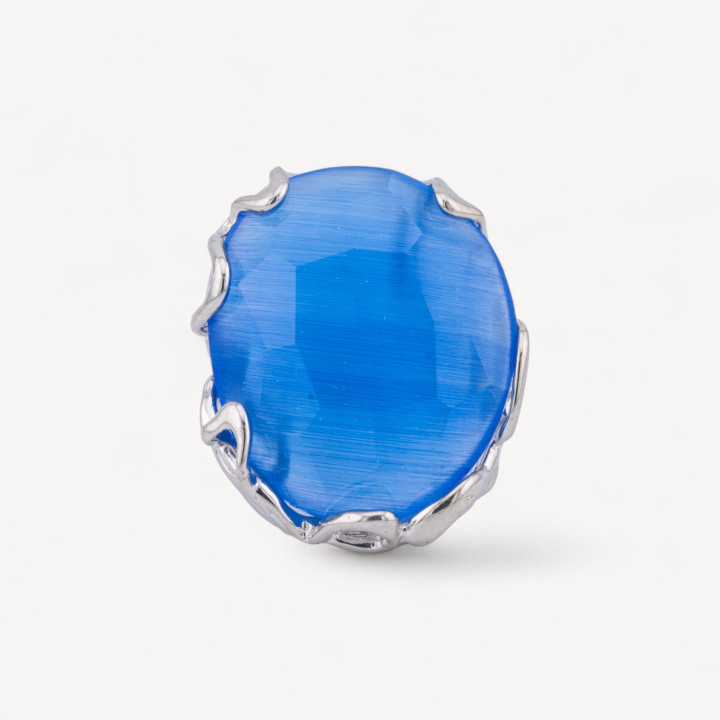 Bague Bronze Oeil de Chat Irrégulier 28x32mm Taille Ajustable Plaqué Rhodium Bleu