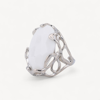 Anillo De Bronce Con Ojo De Gato Irregular 28x32mm Tamaño Ajustable Agata Blanca Rodiada