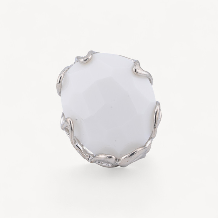 Bague Bronze Oeil de Chat Irrégulier 28x32mm Taille Ajustable Plaqué Rhodium Agate Blanche
