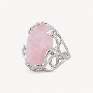 Anello Regolabile in Bronzo Rodiato Collezione AURORA-1 con Pietre Dure   Quarzo Rosa | Gioiello Artigianale Donna 28x32mm