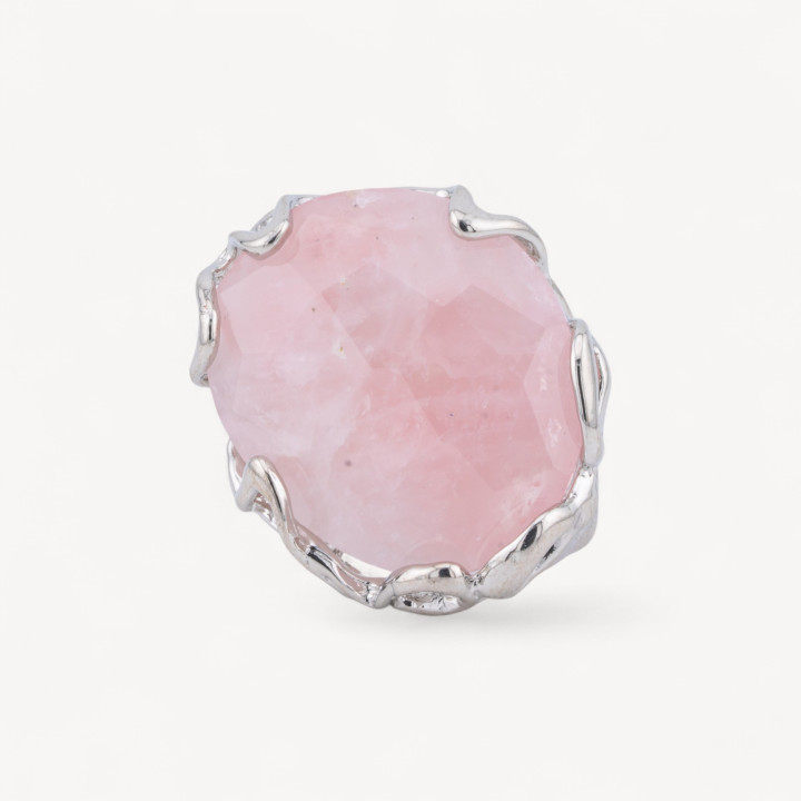 Anello Regolabile in Bronzo Rodiato Collezione AURORA-1 con Pietre Dure   Quarzo Rosa | Gioiello Artigianale Donna 28x32mm