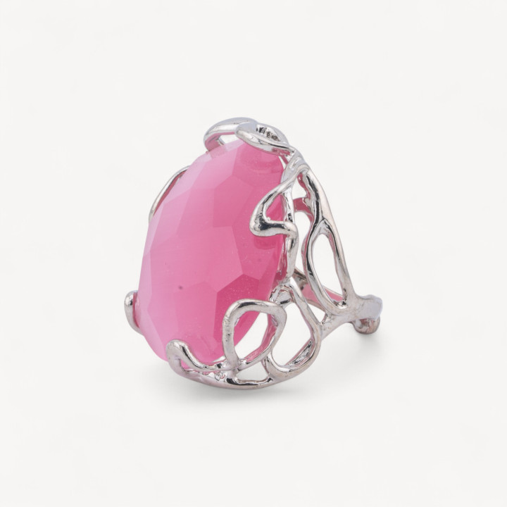 Anello Regolabile in Bronzo Rodiato Collezione AURORA-1 con Occhio Di Gatto Rosa | Gioiello Artigianale Donna 28x32mm