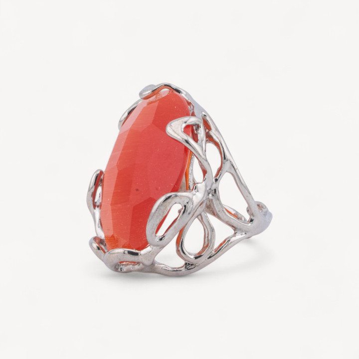 Anello Regolabile in Bronzo Rodiato Collezione AURORA-1 con Occhio Di Gatto Arancio | Gioiello Artigianale Donna 28x32mm