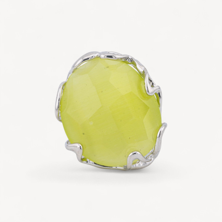 Anello Regolabile in Bronzo Rodiato Collezione AURORA-1 con Occhio Di Gatto Giallo Lime | Gioiello Artigianale Donna 28x32mm