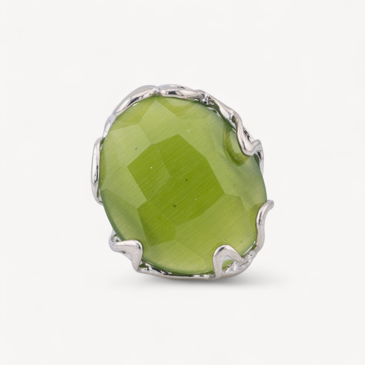 Anello Regolabile in Bronzo Rodiato Collezione AURORA-1 con Occhio Di Gatto Verde Chiaro | Gioiello Artigianale Donna 28x32mm