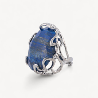 Bronze Ring With Irregular Natural Stone 28x32mm Adjustable Size Rhodium Plated Lapis Lazuli