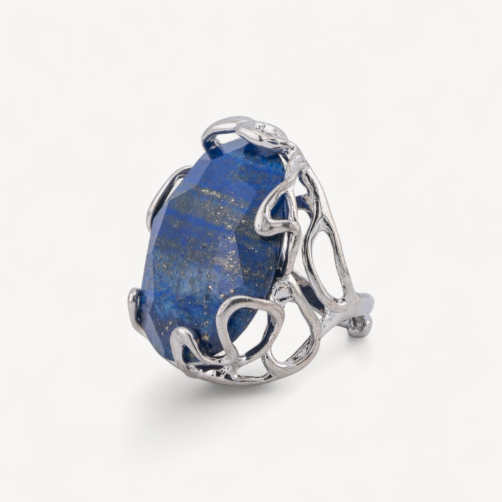 Bague Bronze Avec Pierre Naturelle Irrégulière 28x32mm Taille Ajustable Rhodium Sodalite